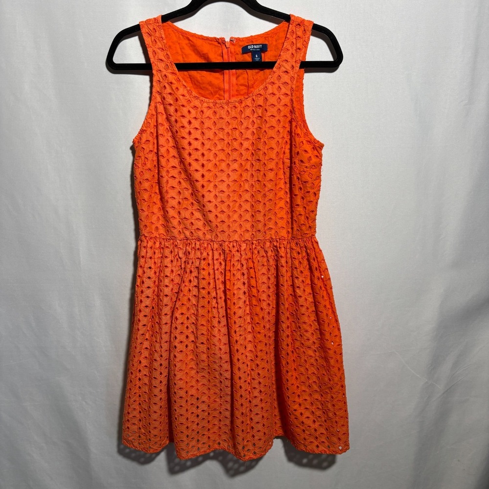 Old Navy Orange Eyelet Tea Length Dress 6 Summer Fall Spring Bright‎ Cotton SEE